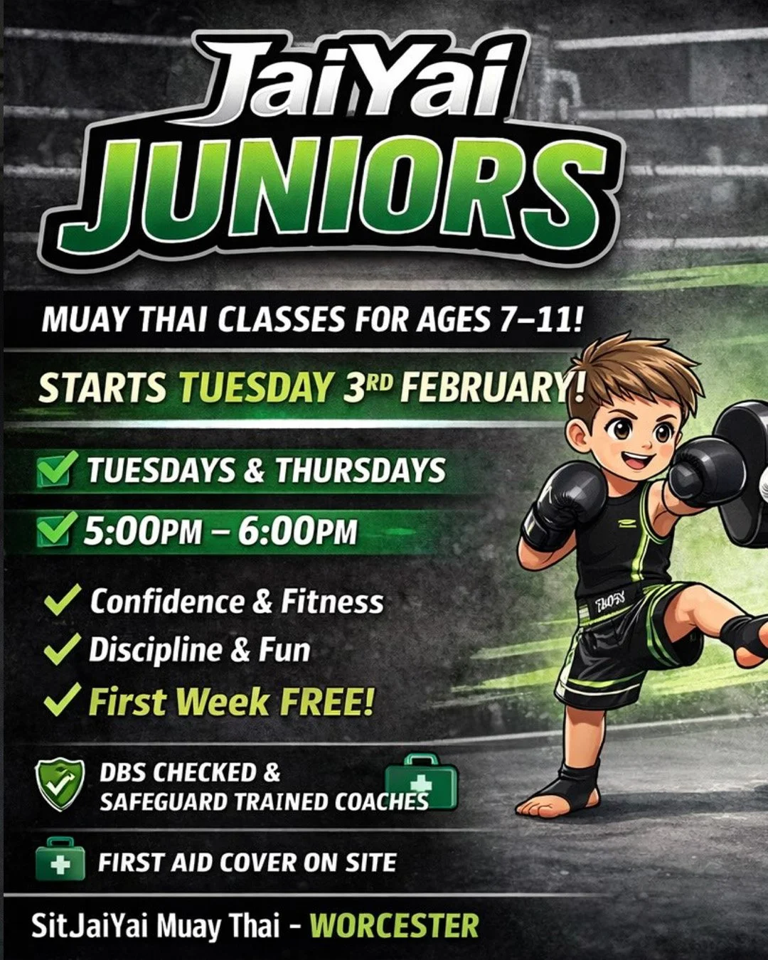 JaiYai Juniors — kids Muay Thai classes in Worcester for ages 7 to 11, Tuesdays and Thursdays 5pm to 6pm at SitJaiYai