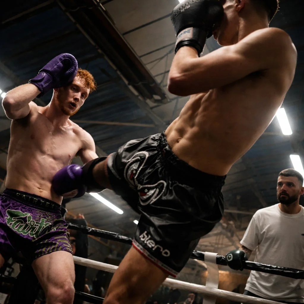 Muay Thai fighter throwing a kick during a fight night at SitJaiYai gym, Worcester