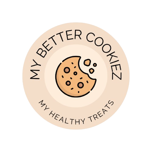 A round beige sticker with the text "My Better Cookiez" at the top and "My Healthy Treats" at the bottom. In the center, there is a cartoon chocolate chip cookie.