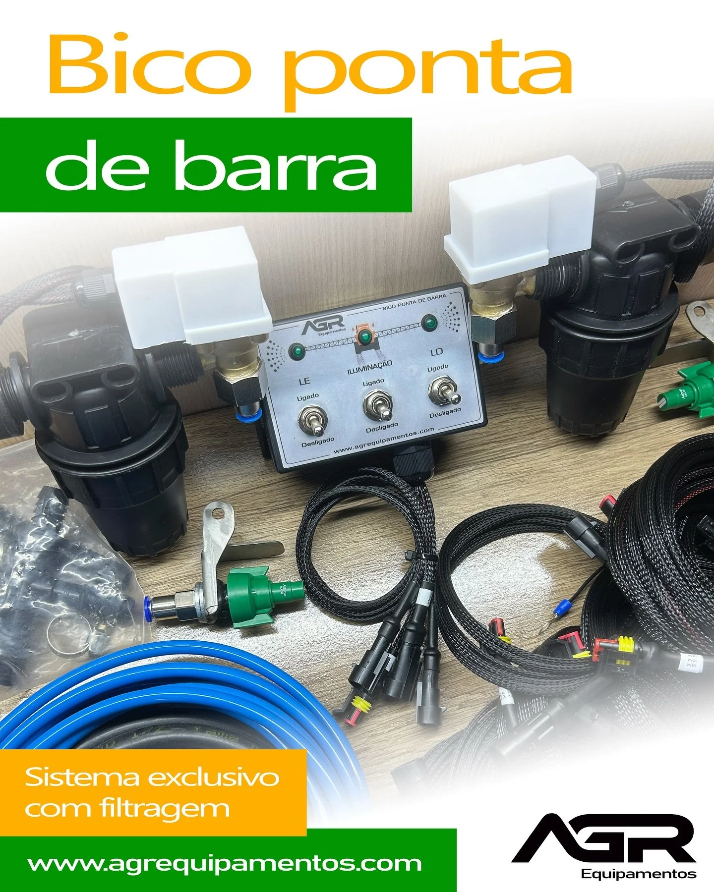 🔧 Kit Ponta de Barra AGR &mdash; tecnologia e durabilidade no mais alto n&iacute;vel!
✅ Sistema &uacute;nico com filtragem
✅ V&aacute;lvula desmont&aacute;vel para f&aacute;cil manuten&ccedil;&atilde;o
✅ Cabos com malha n&aacute;utica: resist&ecirc;