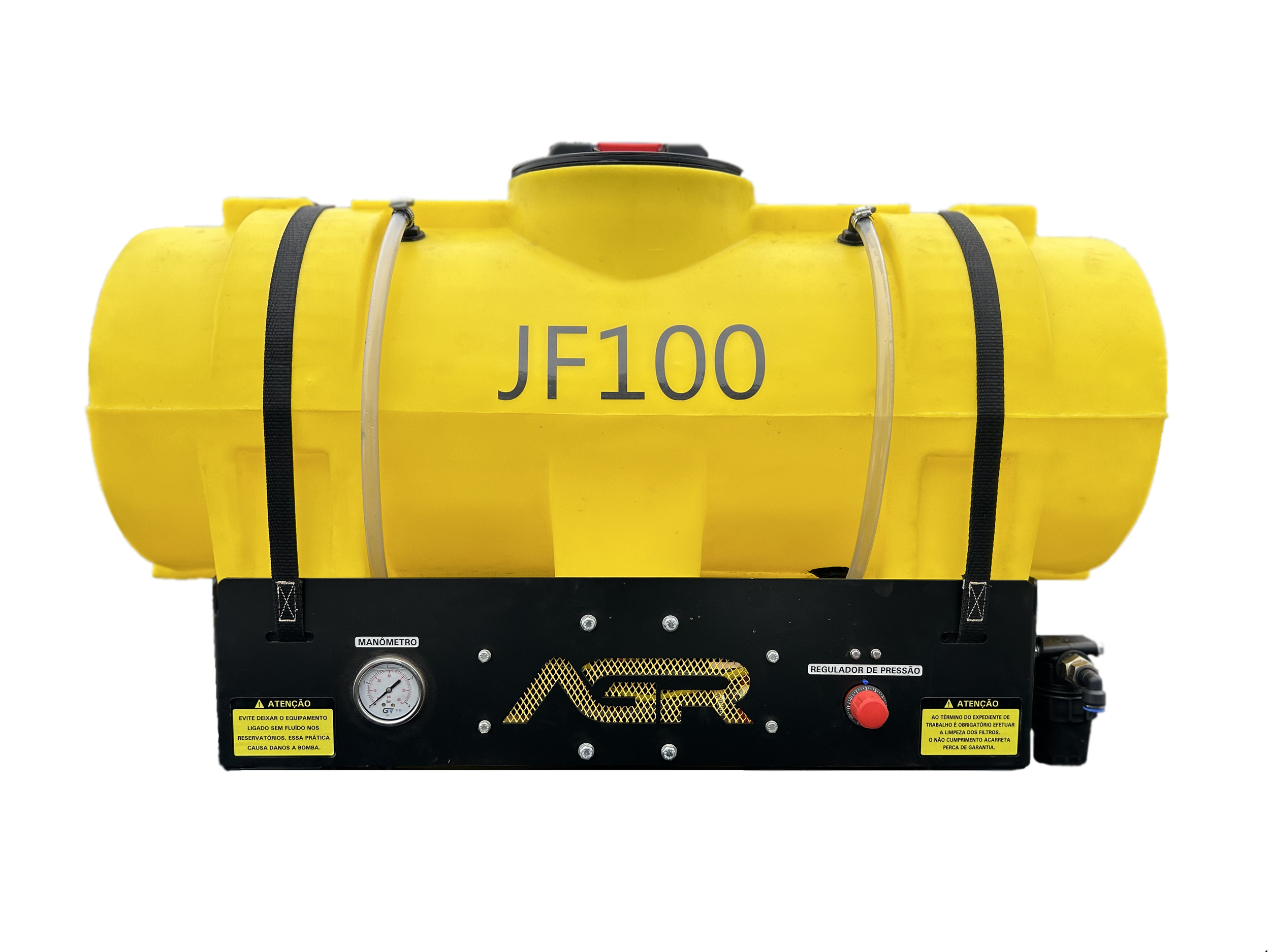 Tanque de transporte de combustível amarelo com marcação JF100, equipado com manômetro e regulador de pressão, marca AGR, utilizado para armazenamento ou transporte de líquidos.