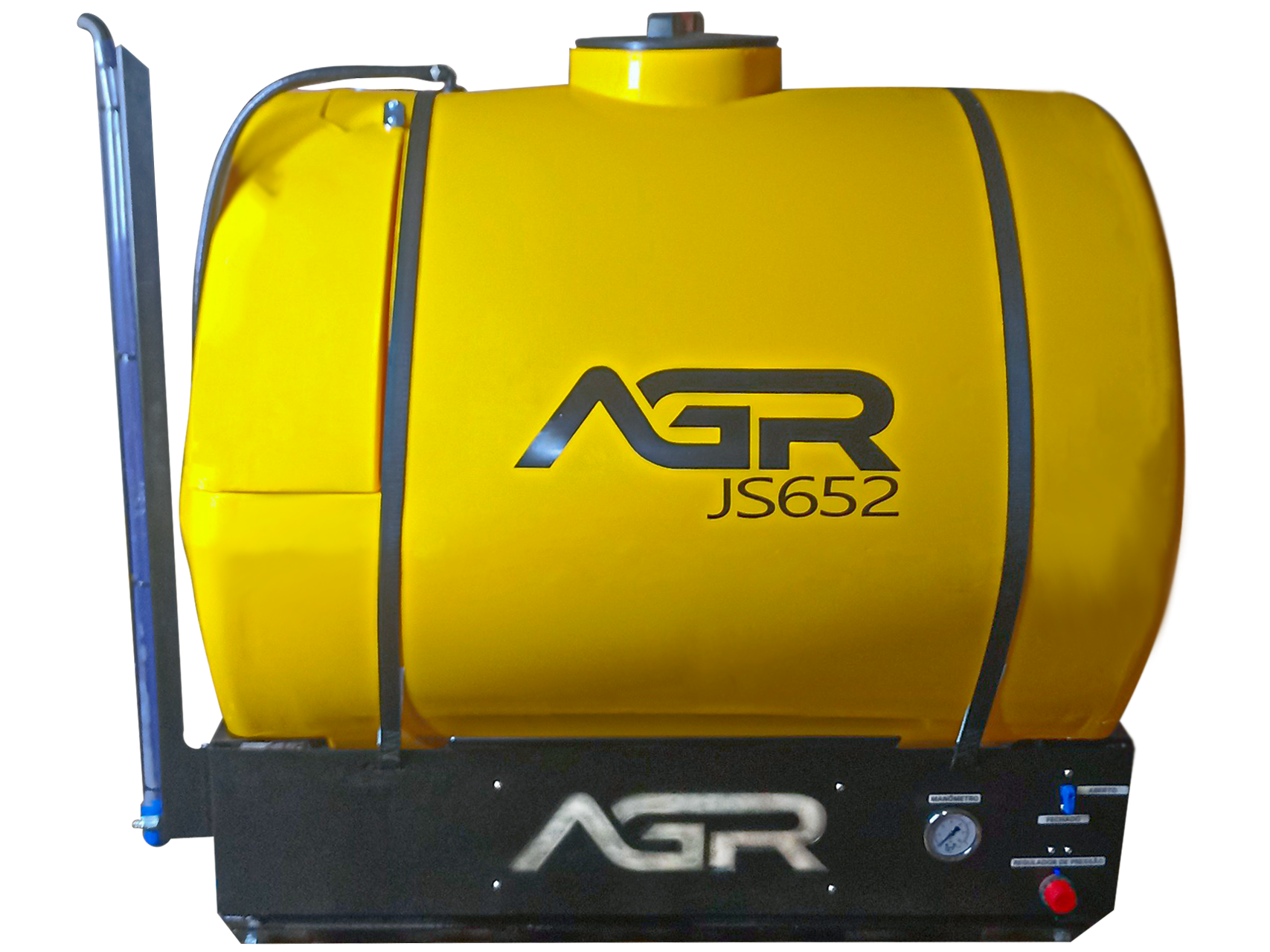 Tanque de armazenamento amarelo com marcações AGTR JS652, instalado em uma base preta com controles e indicadores.