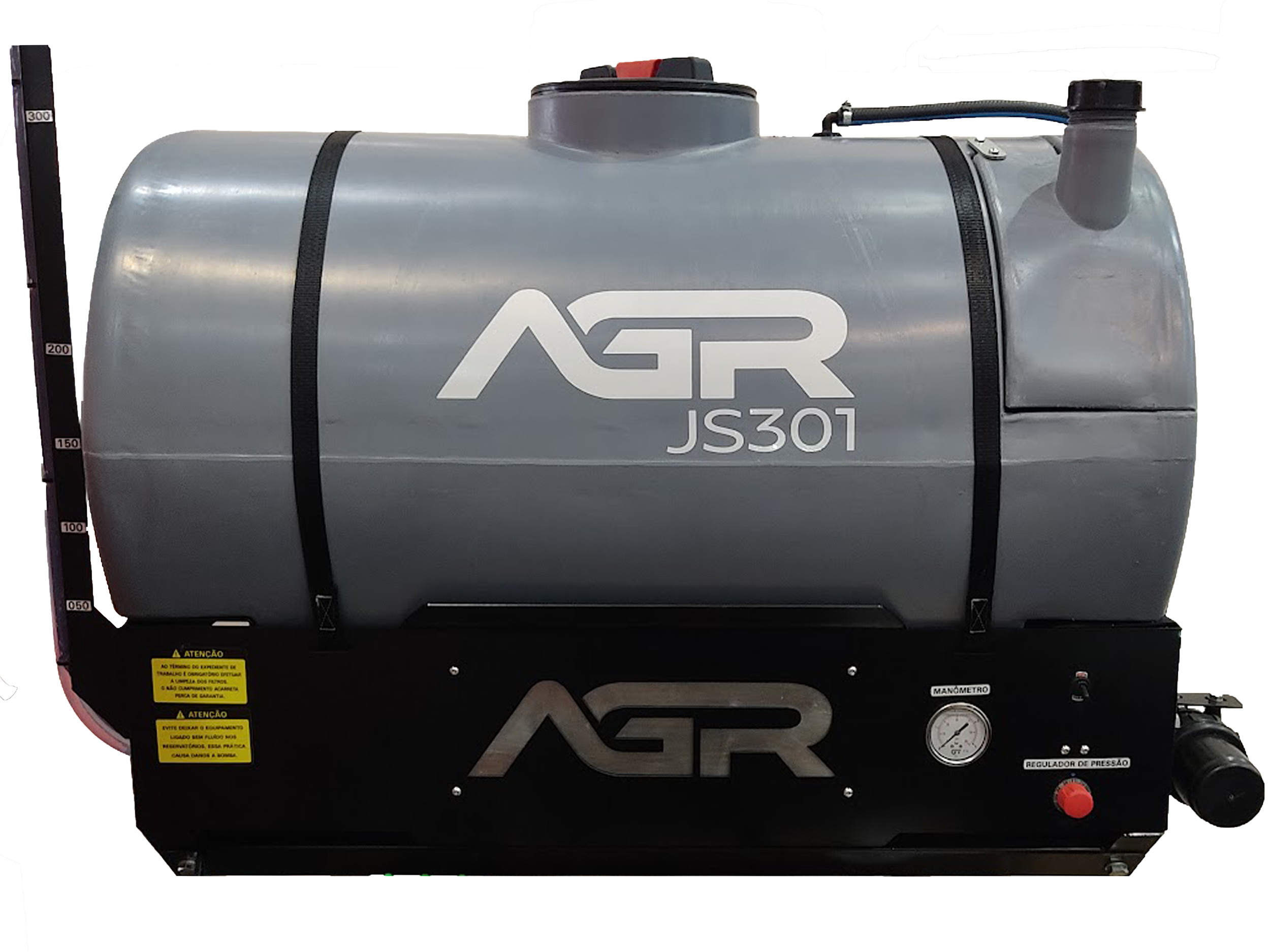 Tanque de armazenamento de água ou combustível de cor cinza com marca 'AGR' e modelo 'JS301', equipado com manômetro, regulador de pressão e aviso em adesivos amarelos.
