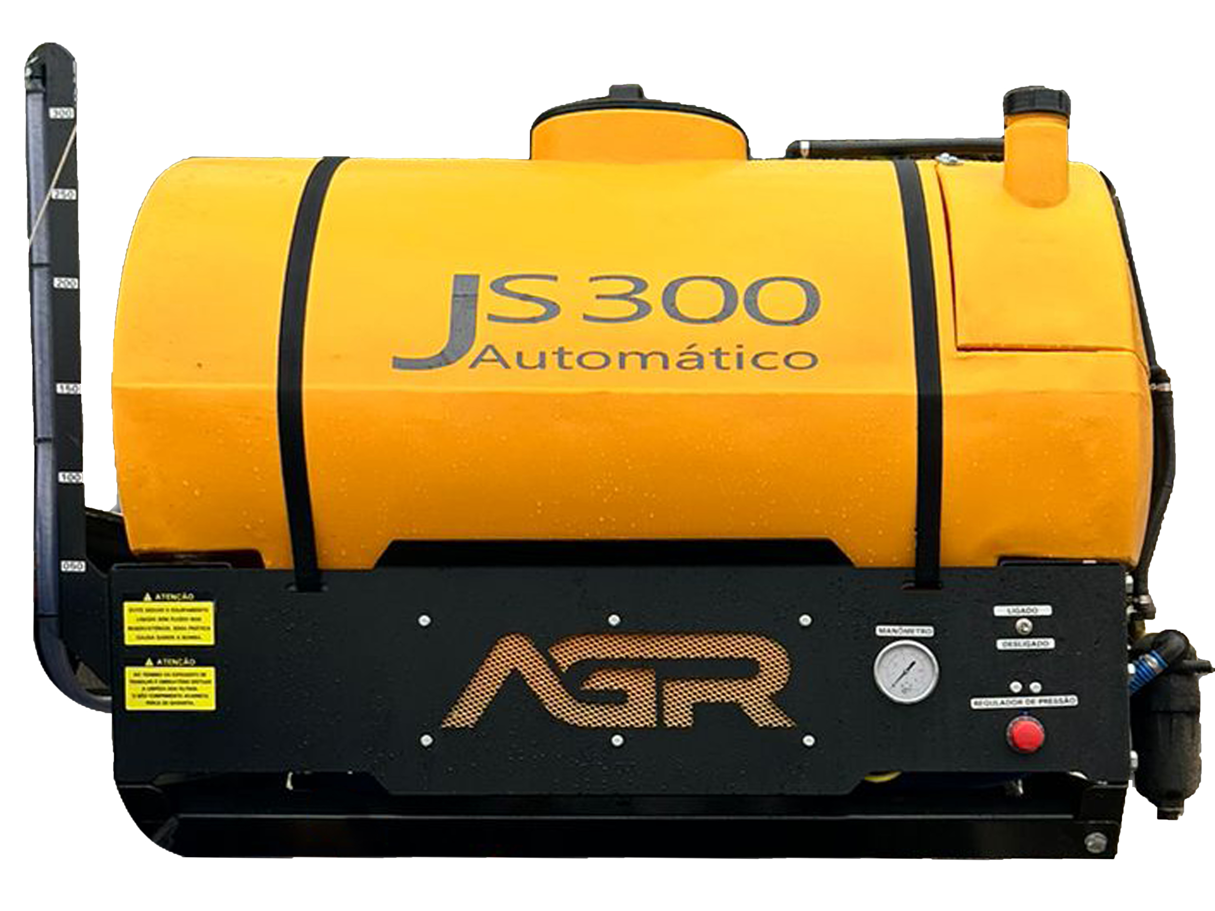 Tanque de pulverização agrícola amarelo, modelo JS 300 Automático, com controle de pressão e marca AGR.