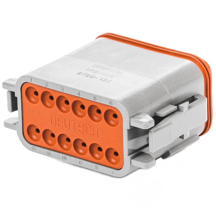 Conector de cabo elétrico com base de plástico cinza e parte frontal laranja, com seis entradas numeradas de 1 a 6, usado para conexões elétricas industriais.