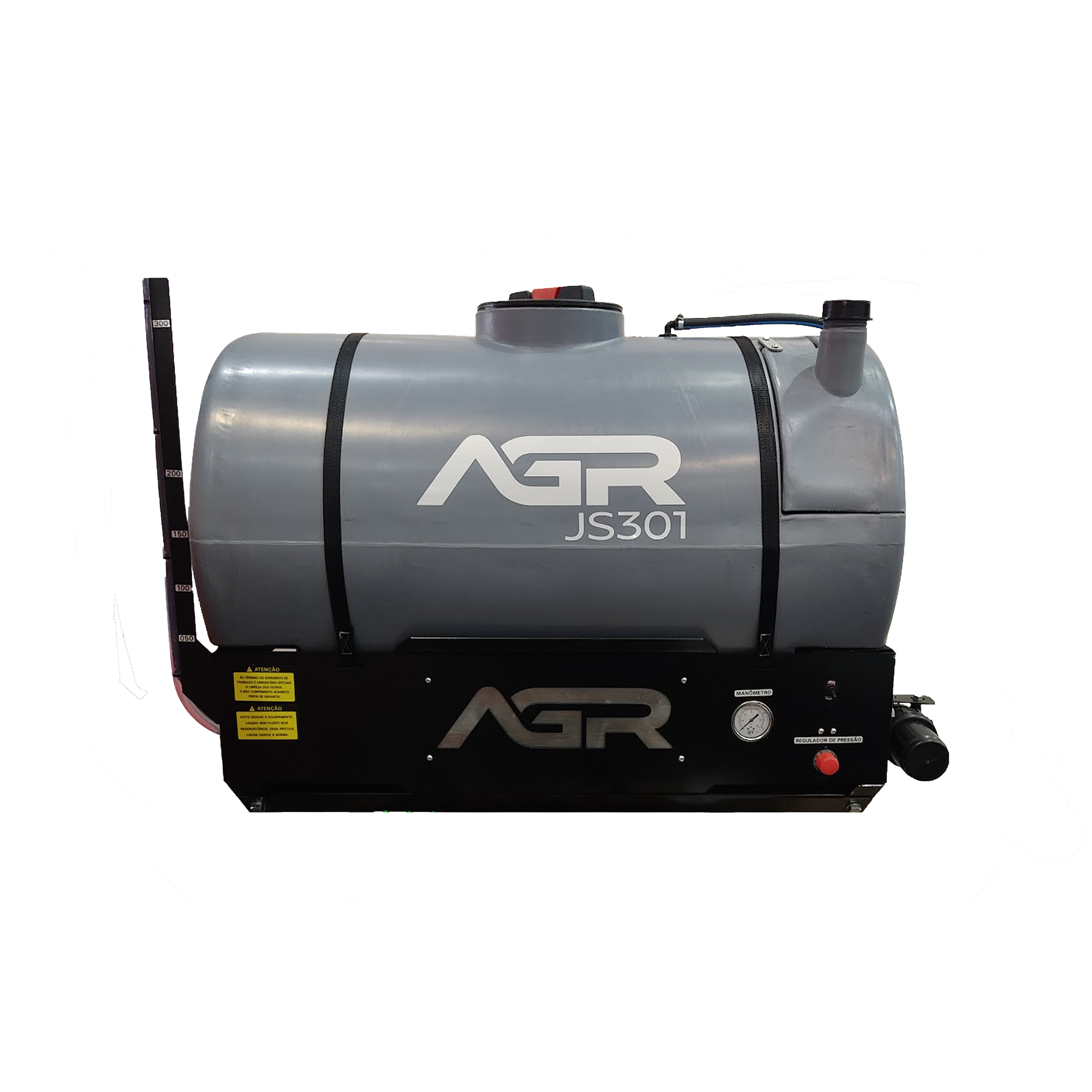 Tanque de pulverização agrícola de cor cinza com marcações AGRO e JS301, equipado com painel de controle, manômetro e tubo de saída, usado na agricultura.