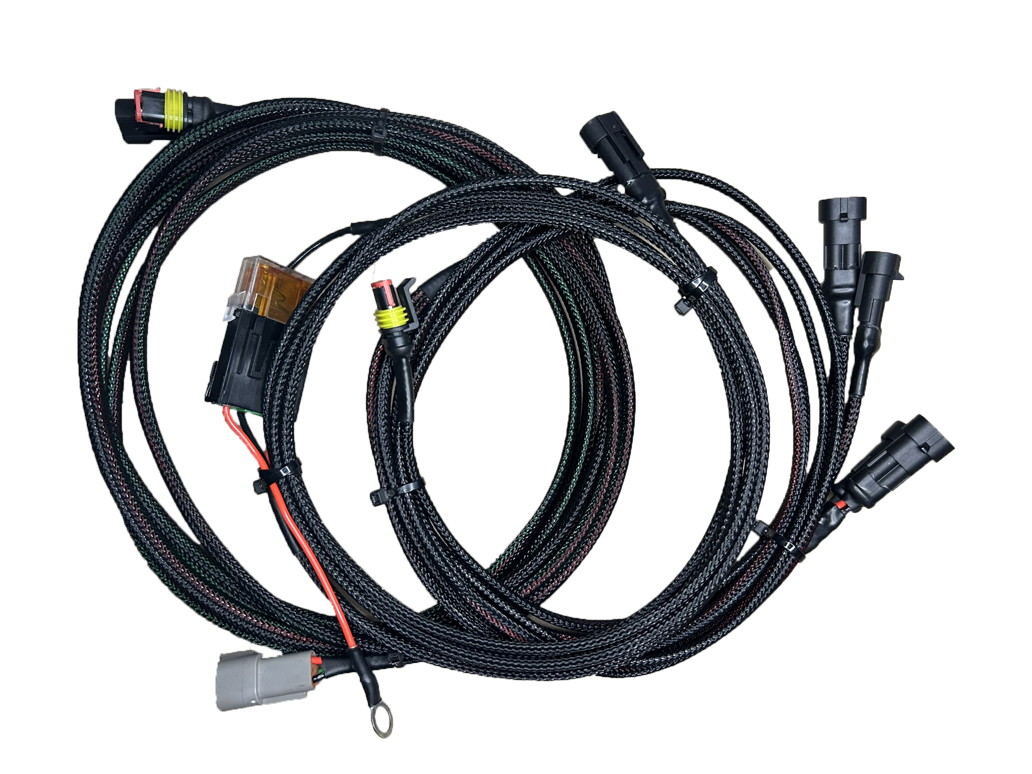 Conjunto de cabos de aestek para sistemas de energia ou automóveis, com conectores de diferentes tipos e tamanhos, acompanhados de uma caixa de fusíveis