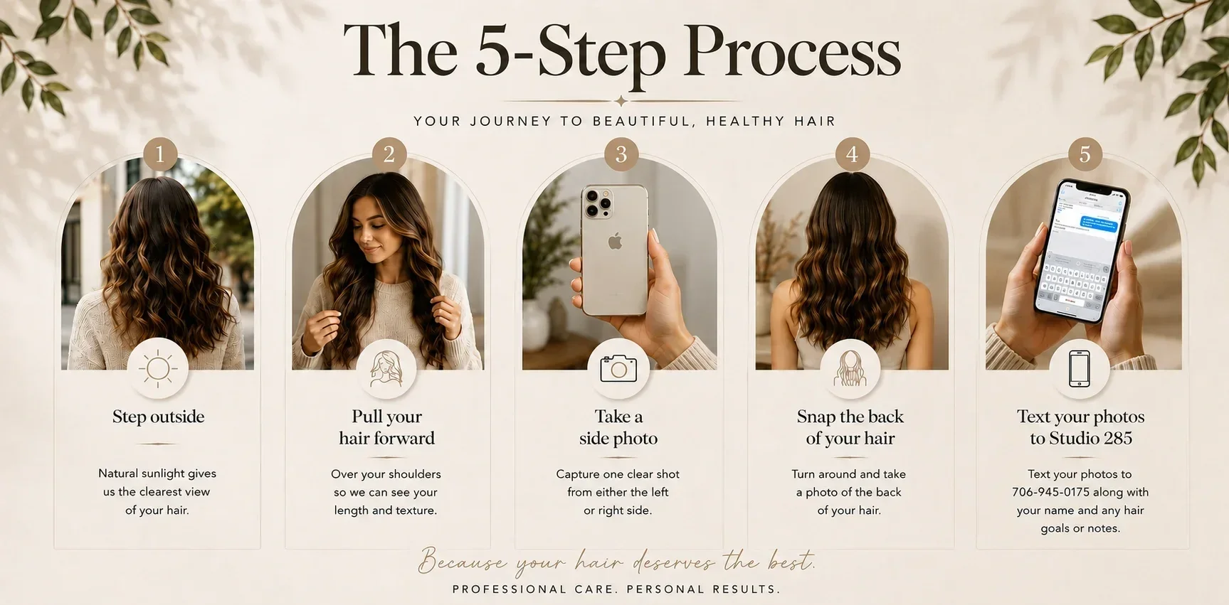 A guide titled 'The 5-Step Process' for hair care shows five steps: 1. Step outside for natural sunlight, 2. Pull hair forward to see length and texture, 3. Take a side photo of hair, 4. Snap the back of hair, 5. Text photos to Studio 285. The background has light colors with green leaves in the corners.