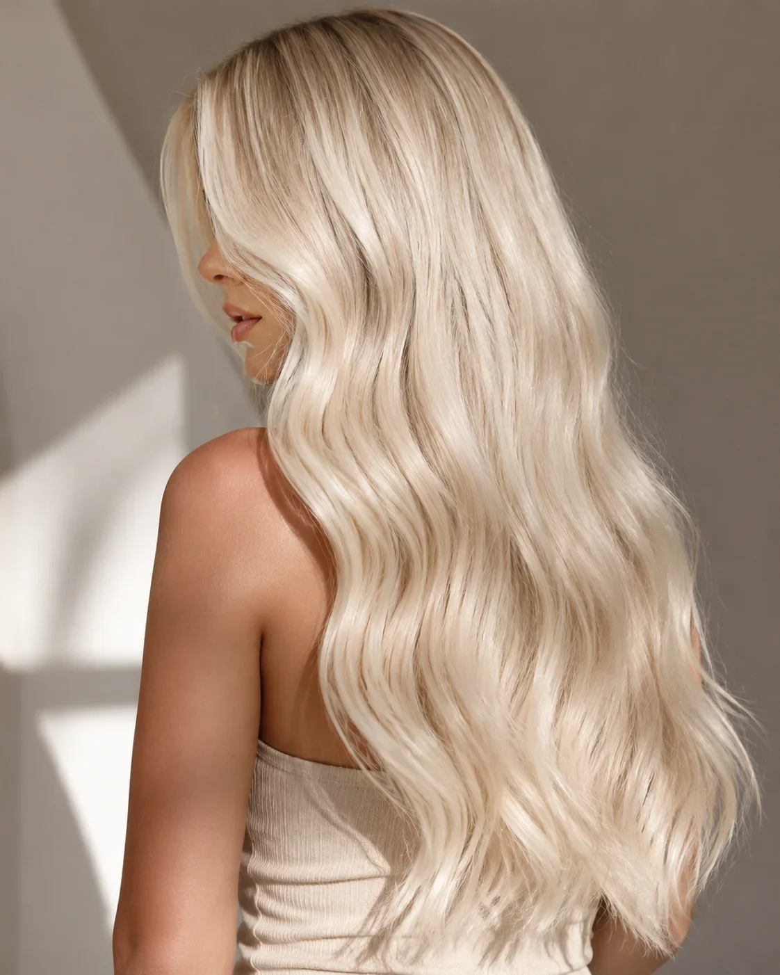 A woman with long, wavy blonde hair in a neutral-colored top, turned to the side, with soft lighting and a blurred background.