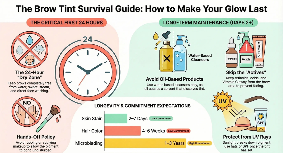 A guide to brow tinting, explaining its semi-permanent nature, aftercare tips, and key differences from brow dye, henna, and microblading. It includes advice on keeping brows dry, avoiding oils, and maintaining tint longevity