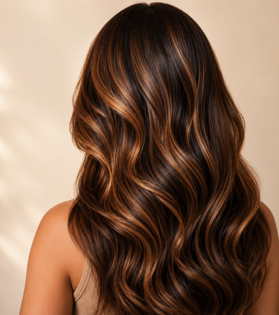 Back view of long brown hair with blended tones showing professional corrective color treatment for repairing uneven hair color