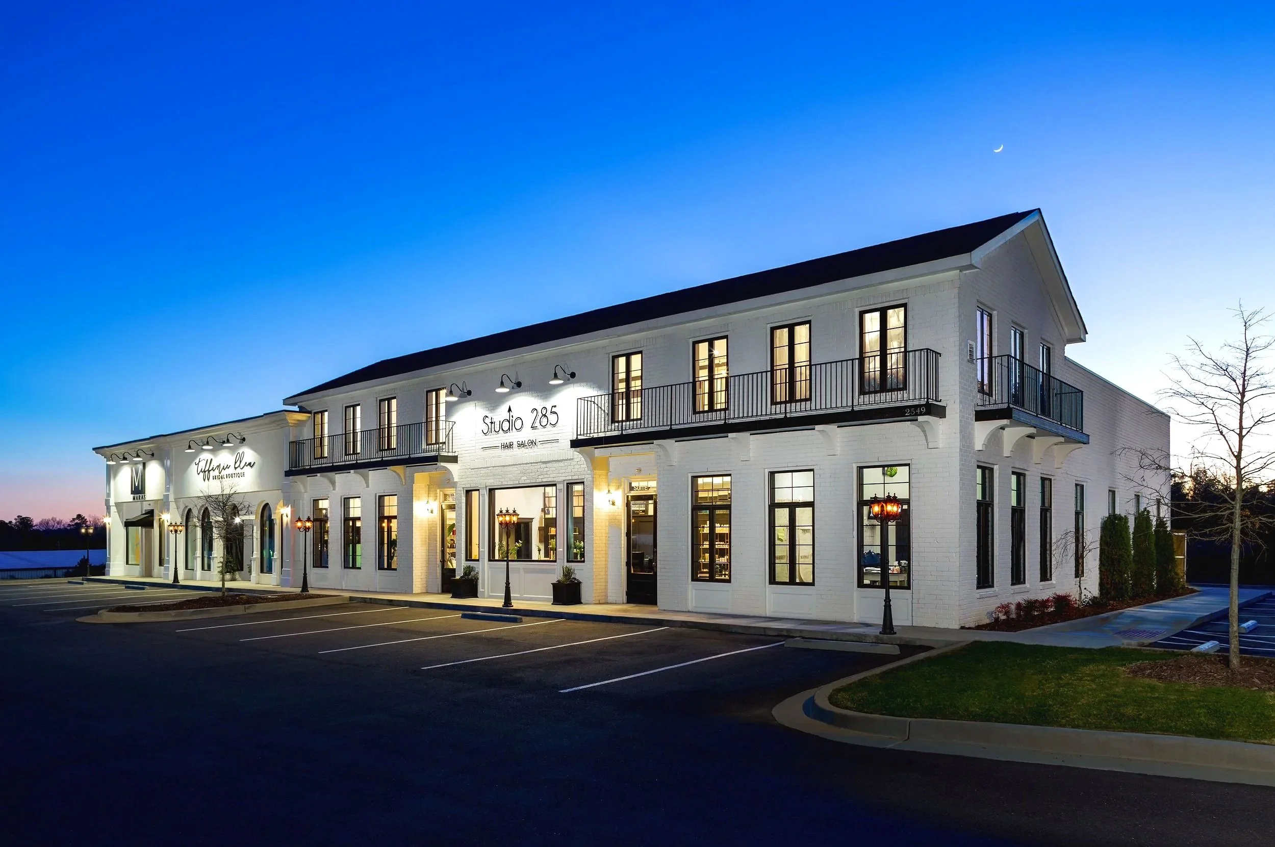 Outside shot of Studio 285 salon in the early evening time.