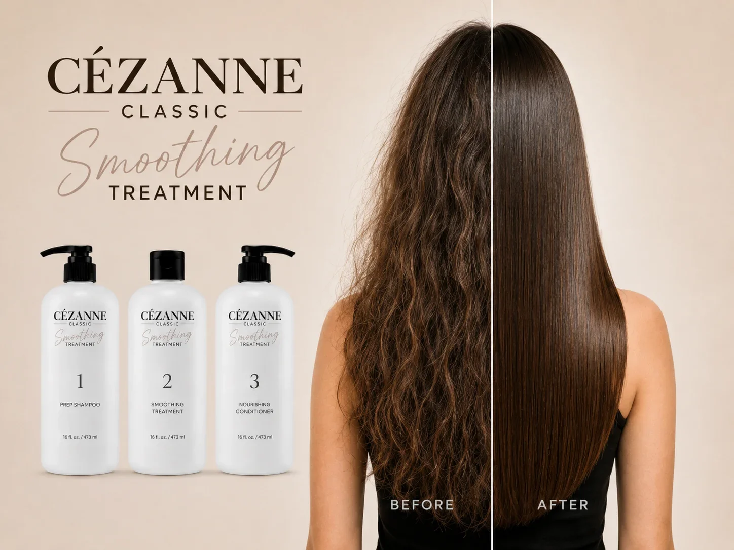Before and after results of Cezanne Classic Smoothing Treatment showing frizzy, wavy hair transformed into smooth, shiny, manageable hair at Studio 285.