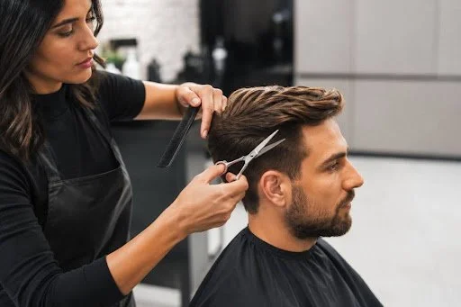 A woman in a black apron cutting a man's hair with scissors at a barber shop.