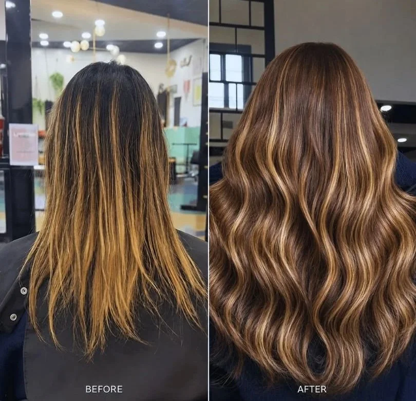 Side-by-side comparison of a woman's hair before and after a hair treatment. The 'before' shows long, straight, frizzy hair with a dull, uneven color. The 'after' shows shiny, wavy hair with a rich, warm caramel color.
