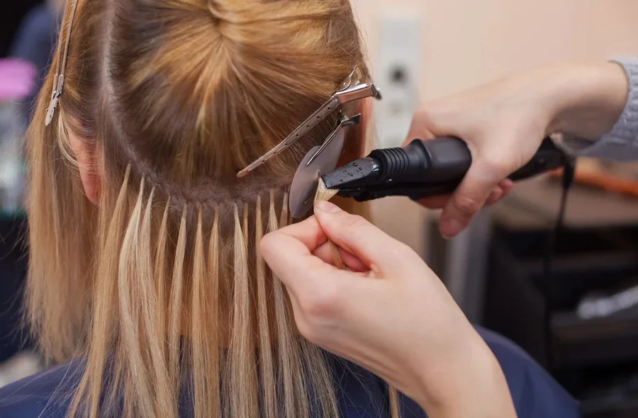 A person getting hair extensions applied using a heating tool at a salon.