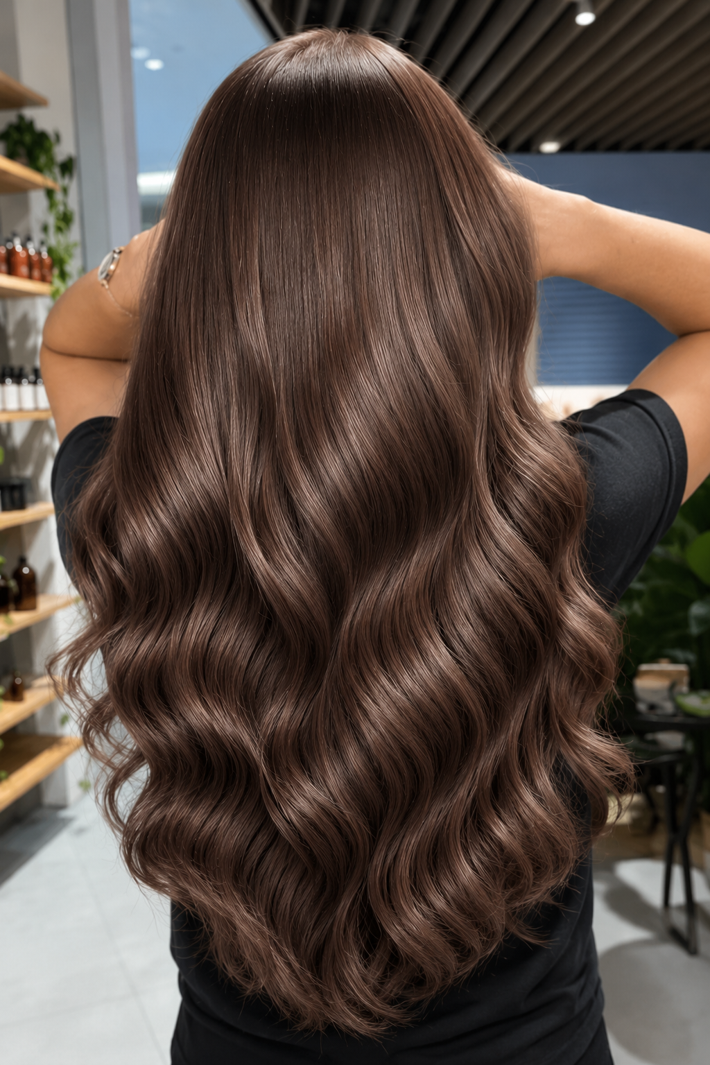 Back view of glossy brown hair showing rich all-over color transformation with smooth waves and dimensional shine