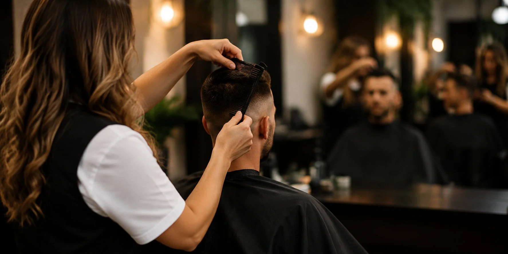 At Studio285 A hairstylist cutting a man's hair at a salon, with other customers getting haircuts in the background.