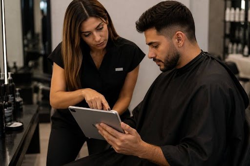 A hairstylist showing a tablet to a male customer in a salon.