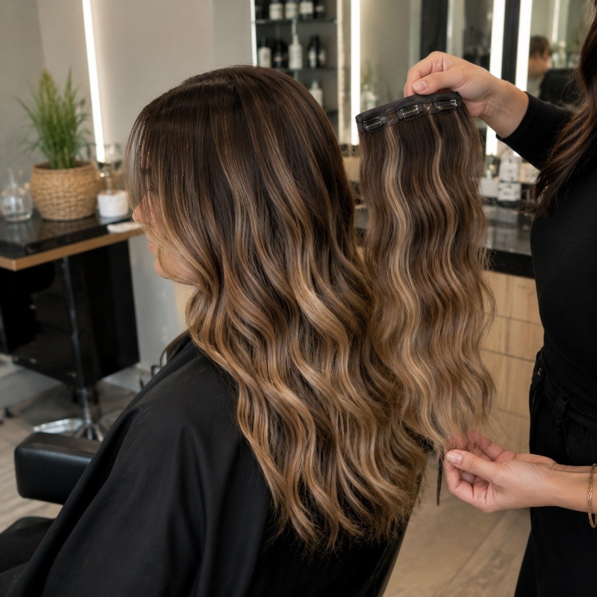 A woman with wavy, brown hair sitting in a salon chair while a stylist holds a length of her hair, preparing for a hair extension or color treatment in a modern salon.