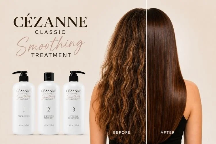 Before and after results of Cezanne Classic Smoothing Treatment showing frizzy, wavy hair transformed into smooth, shiny, manageable hair at Studio 285.