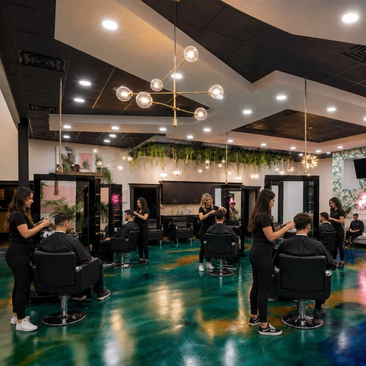 A modern salon with multiple hairstylists working on clients seated in salon chairs, green and multicolored floors, decorative ceiling lights, lush hanging greenery, and contemporary interior decor.