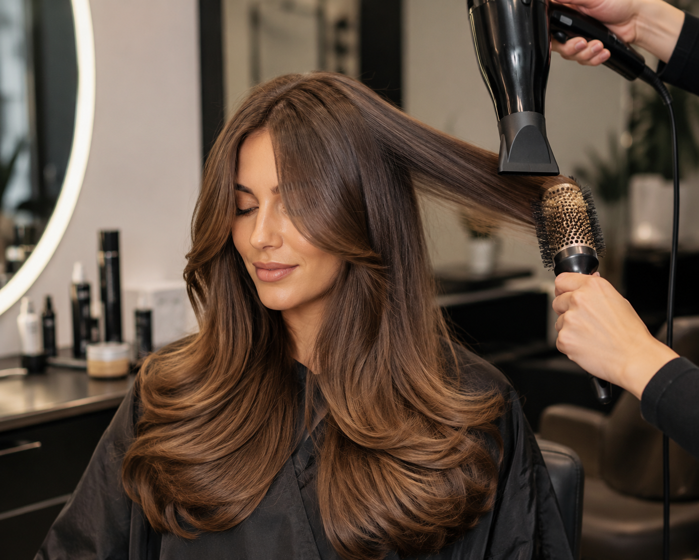 A woman with long, wavy brown hair is sitting in a salon chair, smiling with her eyes closed, while a hairstylist dries her hair with a blow dryer and a round brush  at studio285