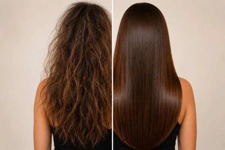 Before and after detangling service showing severely tangled and matted hair transformed into smooth, healthy, manageable hair at Studio 285.