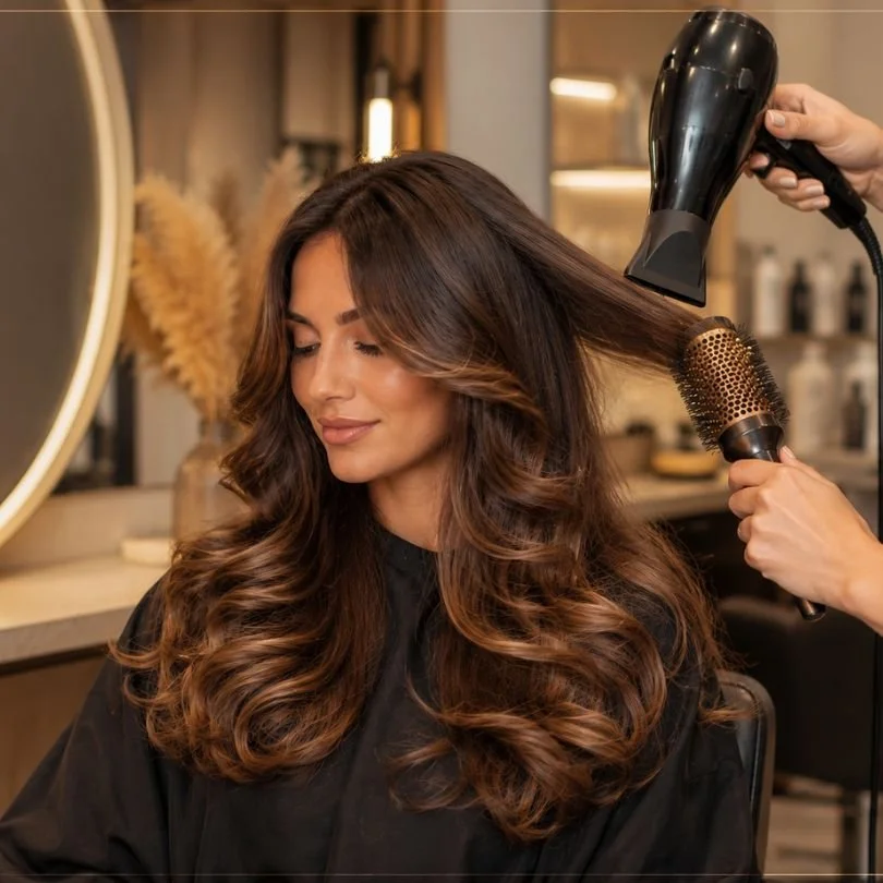 A woman with long, wavy brown hair sitting in a salon chair getting her hair dried with a blowout and styled with a round brush at studio285