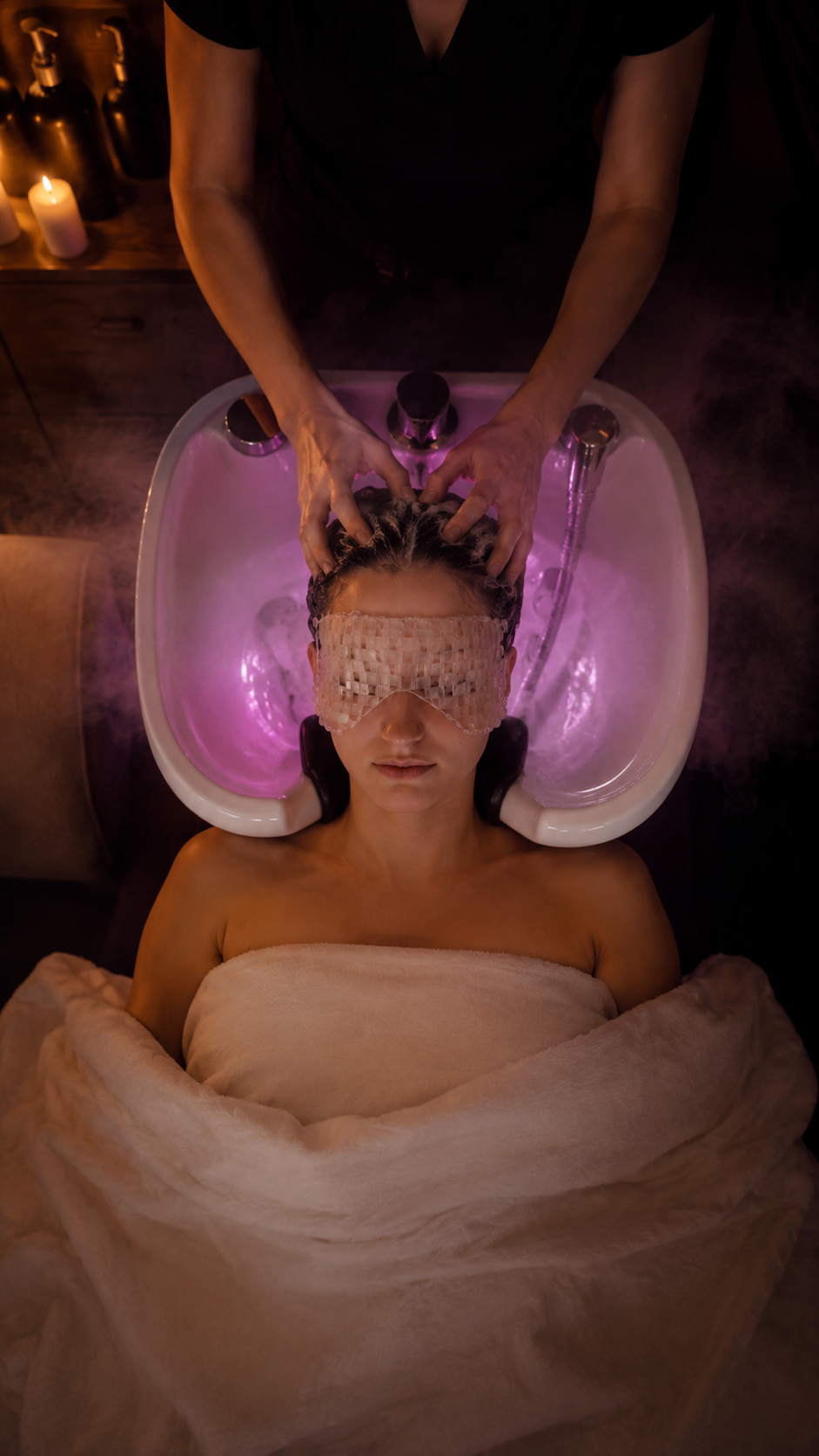 Luxury scalp massage treatment with spa sink and warm purple lighting