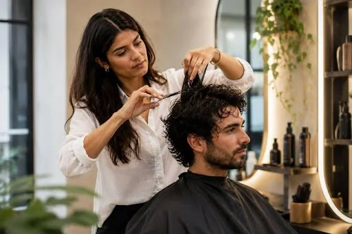 A woman cutting a man's curly hair in a barber shop.