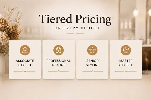 Tiered pricing options for hair styling services, including Associate Stylist, Professional Stylist, Senior Stylist, and Master Stylist.