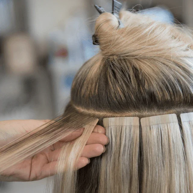 Hair extensions being clipped into a person's blonde hair at a salon.