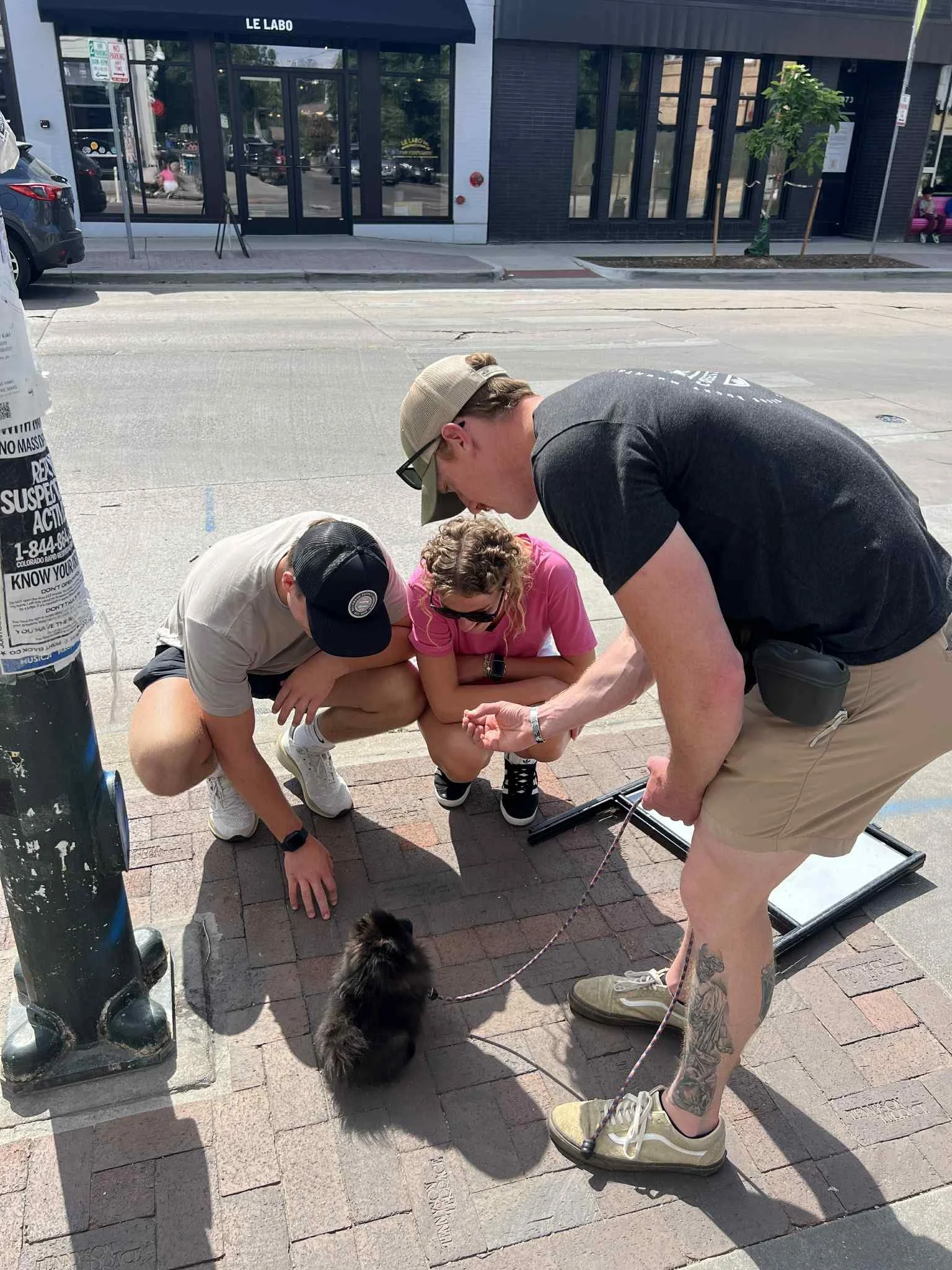 Three people and a dog on a city sidewalk, with two women squatting and a man standing near a small black puppy. The people are wearing casual clothing. There is a street, parked cars, and storefronts in the background.