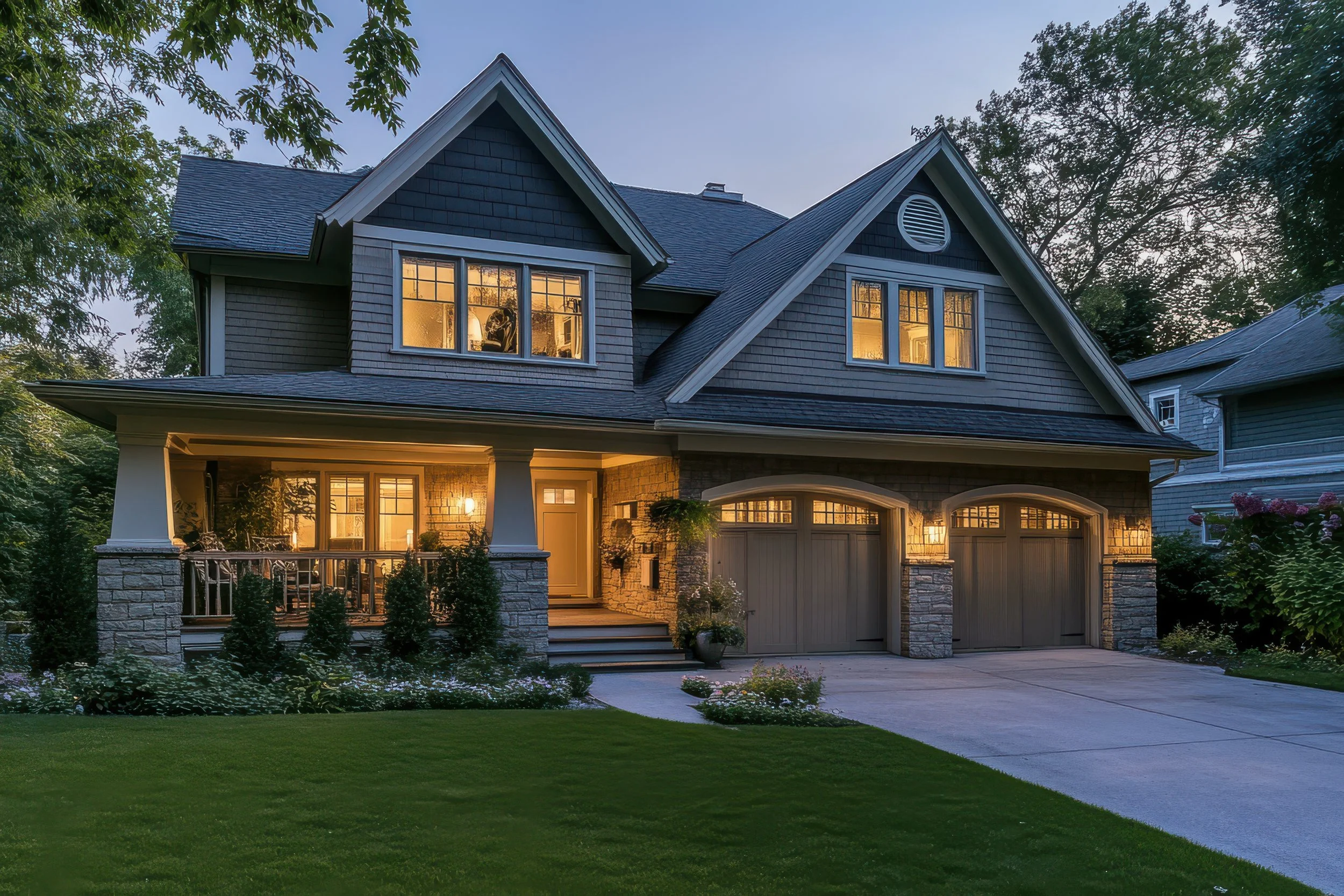 A two-story house with a brick and siding exterior, illuminated by warm interior lights, surrounded by a well-kept lawn and trees during dusk.