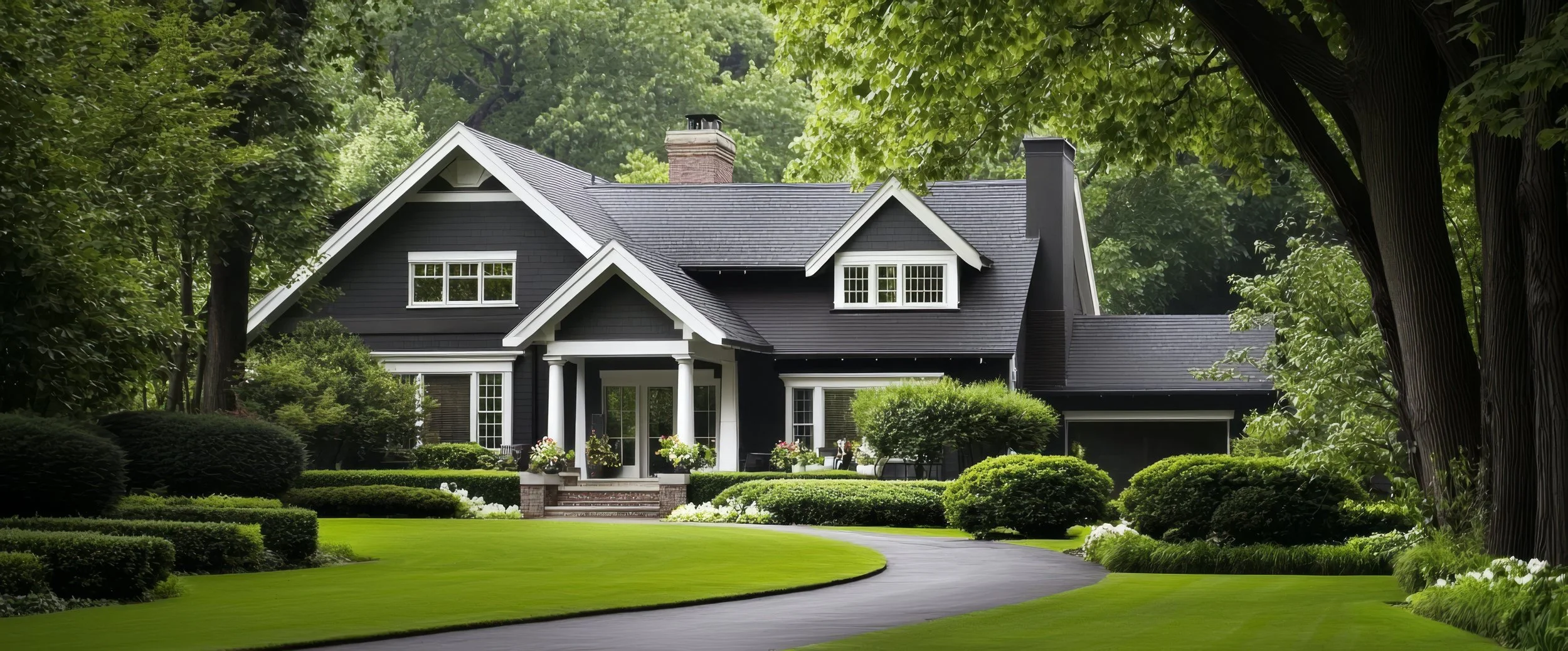 A large black house with white trim surrounded by lush greenery and a well-manicured lawn, with a curved driveway leading up to the front entrance.