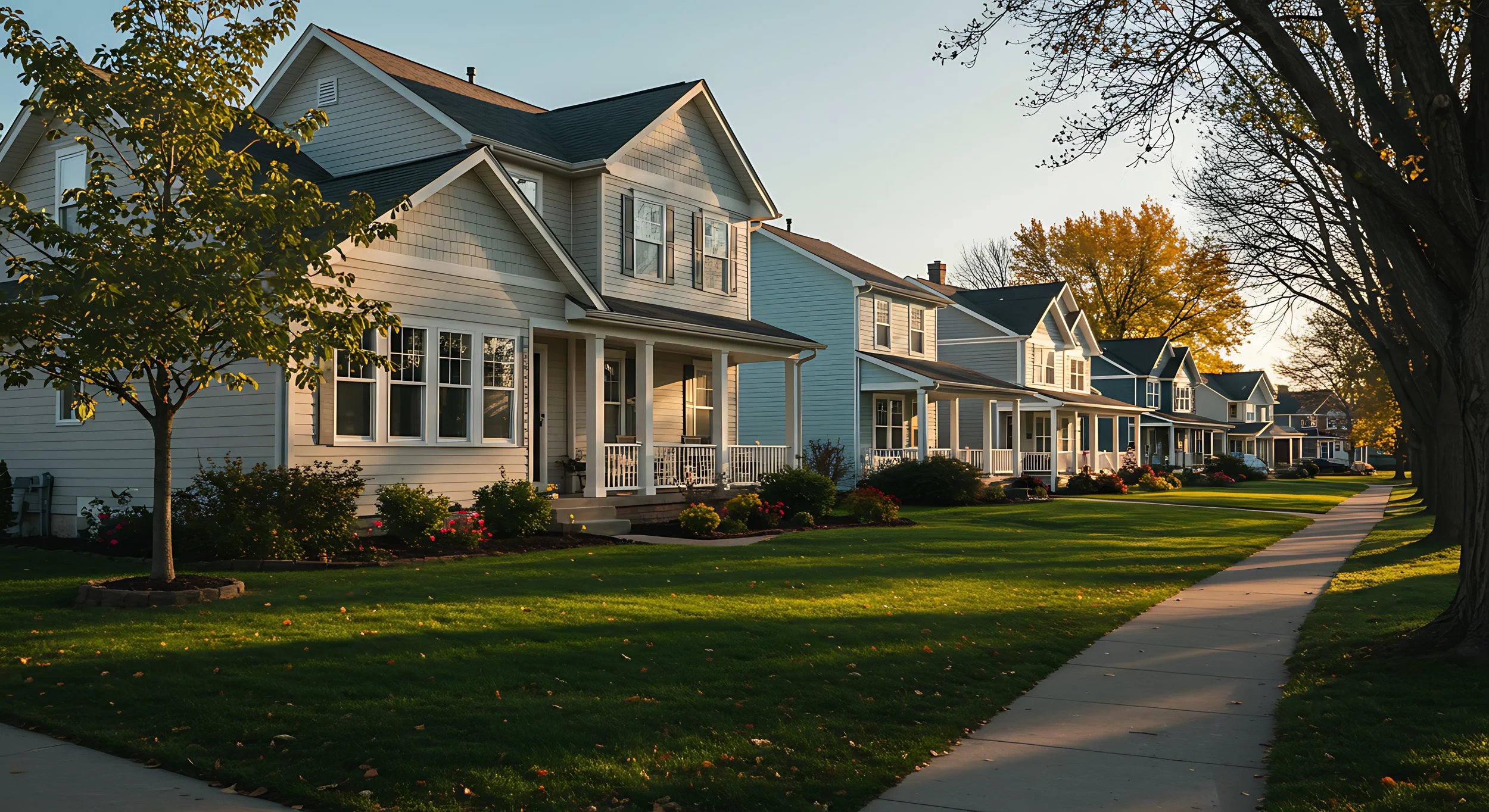 A row of modern suburban houses with front porches and well-maintained lawns, lined along a sidewalk during sunset.