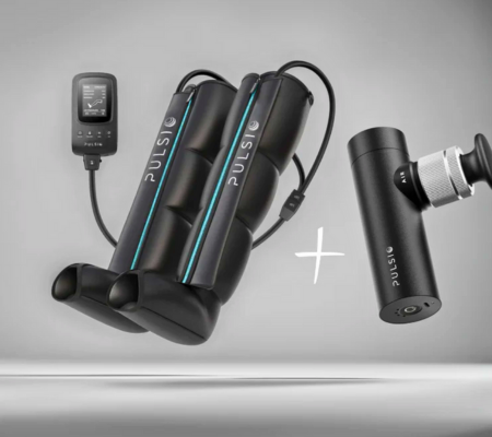 Pulse massage device with dual rollers, remote control, and a handheld massage gun.