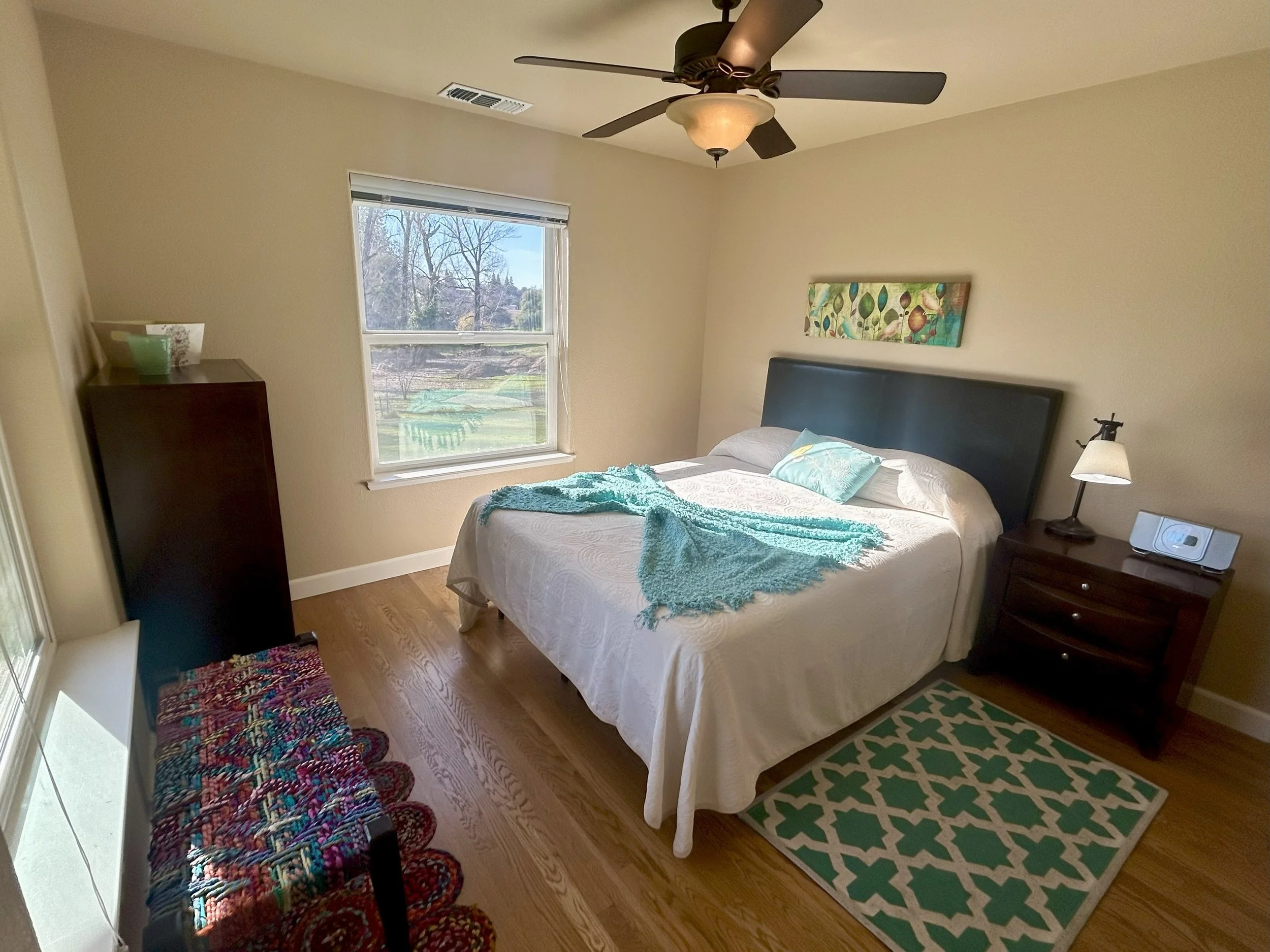 Queen-size bed, side drawers, closet, & dresser.