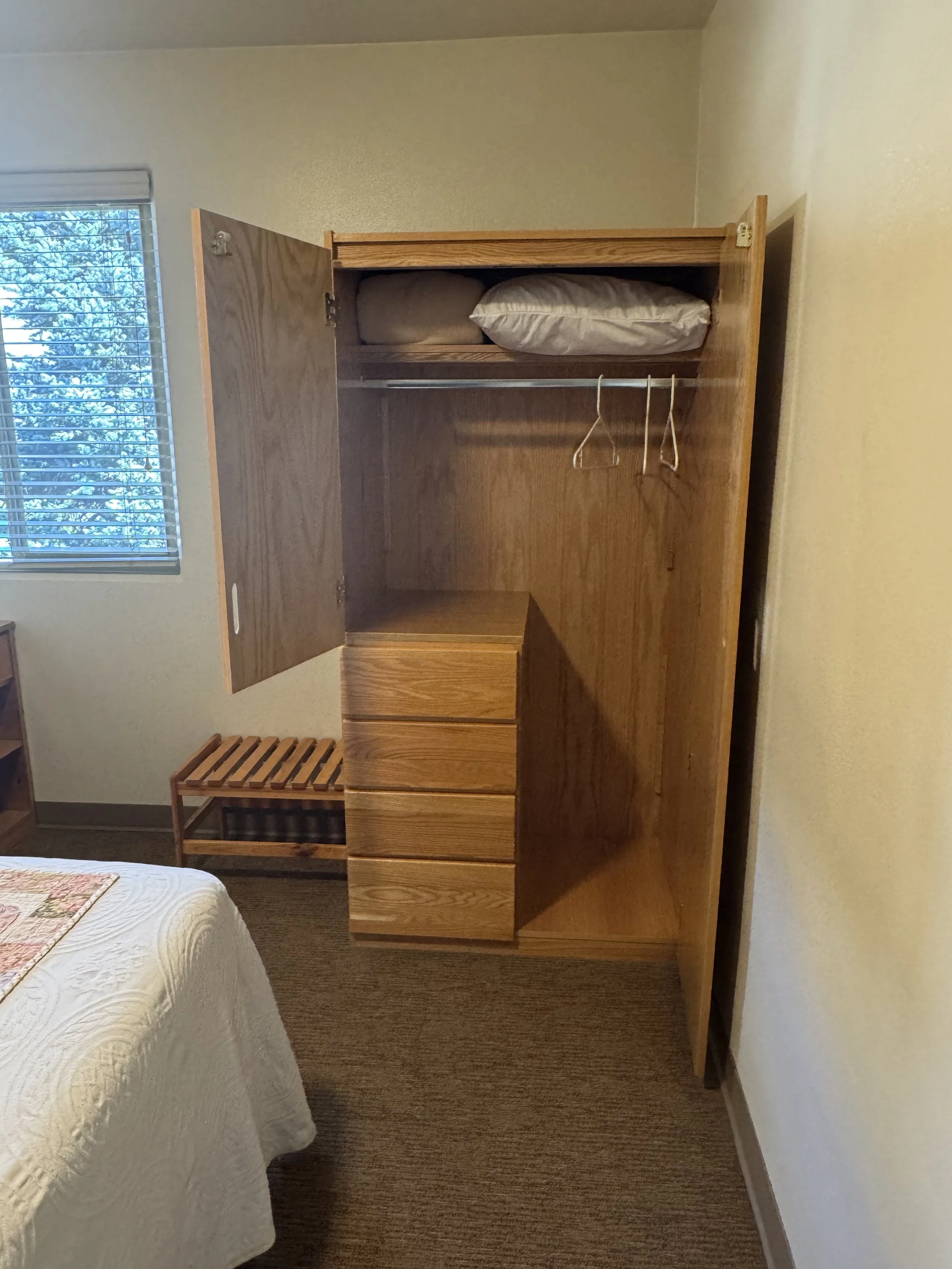 Dresser, hangers, & suitcase holder.