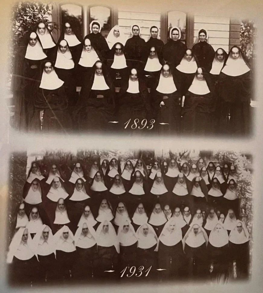 Black and white photo of groups of nuns, one group from 1893 and another from 1931, wearing traditional habits and veils.