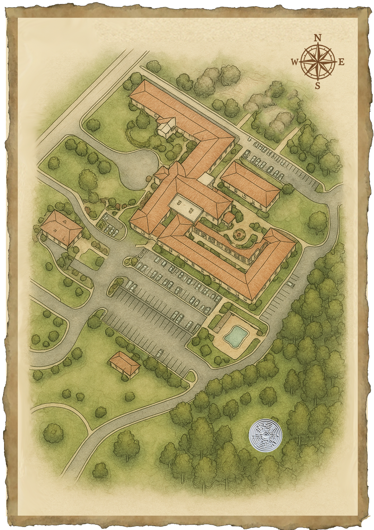 An illustrated map of a large complex with multiple buildings, parking lots, a pond, a swimming pool, and surrounding green spaces, view from above.