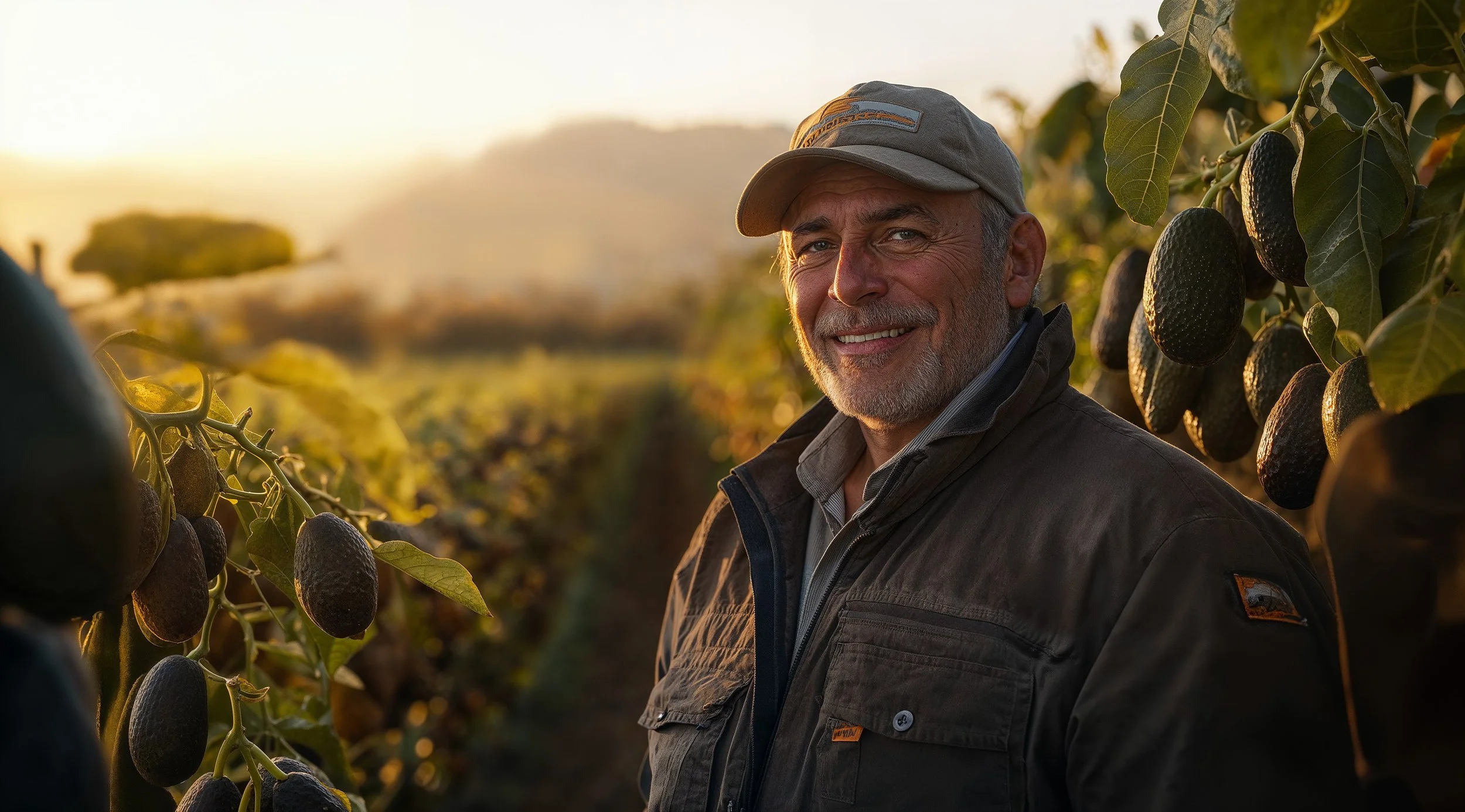 Homem sorridente explorando uma plantação de abacates ao pôr do sol