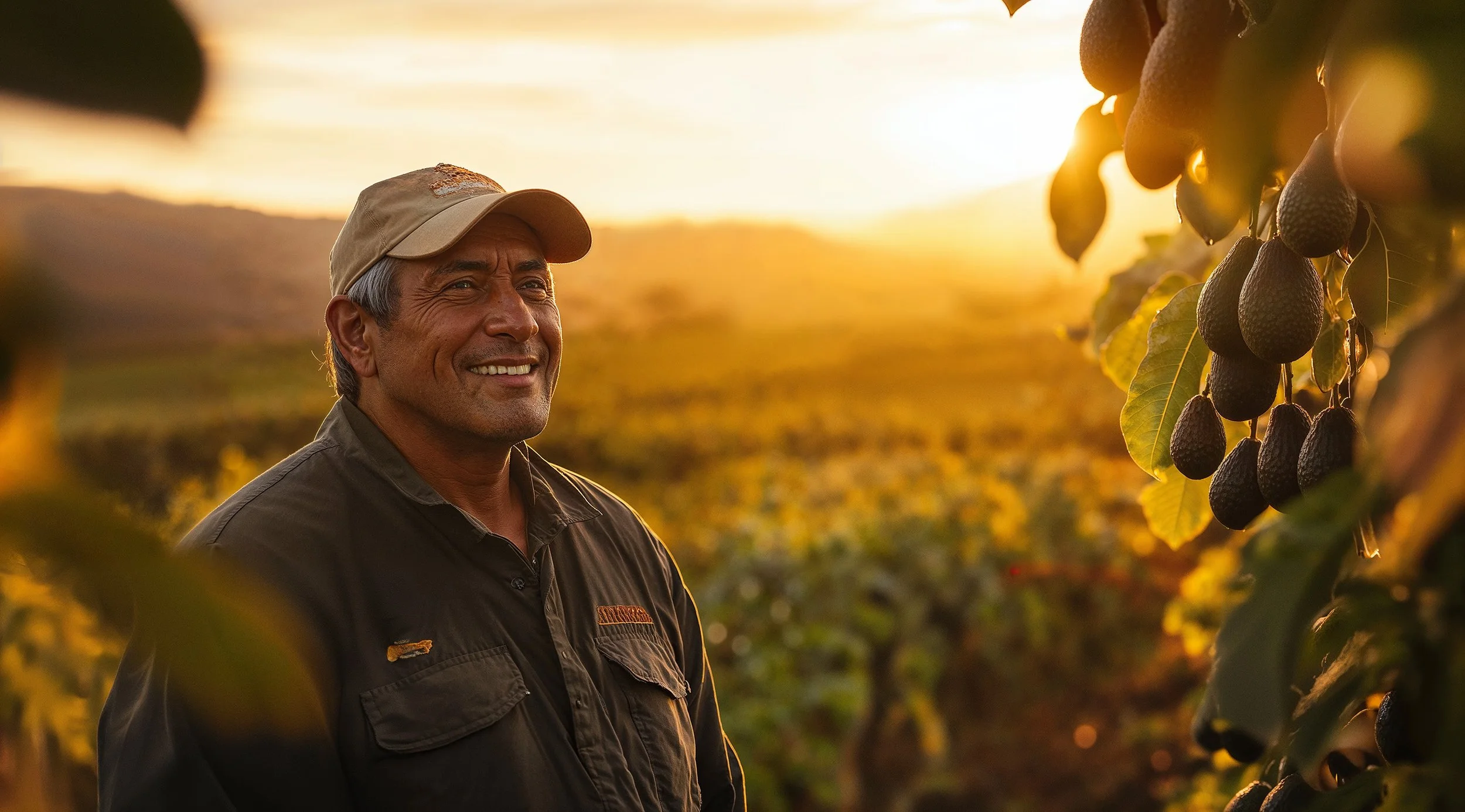 Homem sorridente em uma plantação de abacates durante o pôr-do-sol.