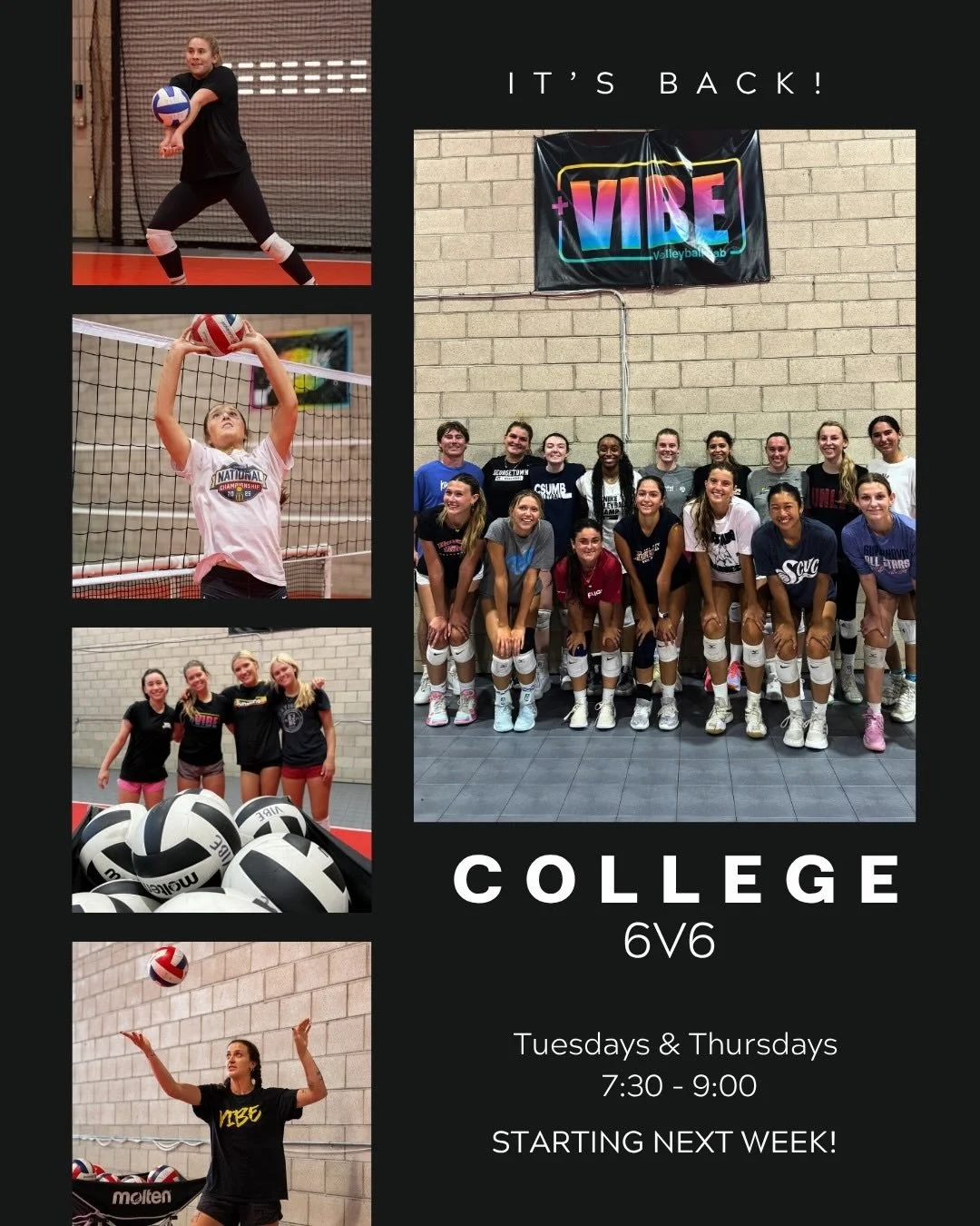 COLLEGE 6v6 IS BACK! 💪🏐🏋🏼&zwj;♀️

Mark your calendars - College nights start up next week!

🏐 Tuesdays &amp; Thursdays 7:30-9:00

🏋🏼&zwj;♀️ Complimentary Performance class on Thursdays at 6:30 for those who are signed up for 6v6!
**must sign u