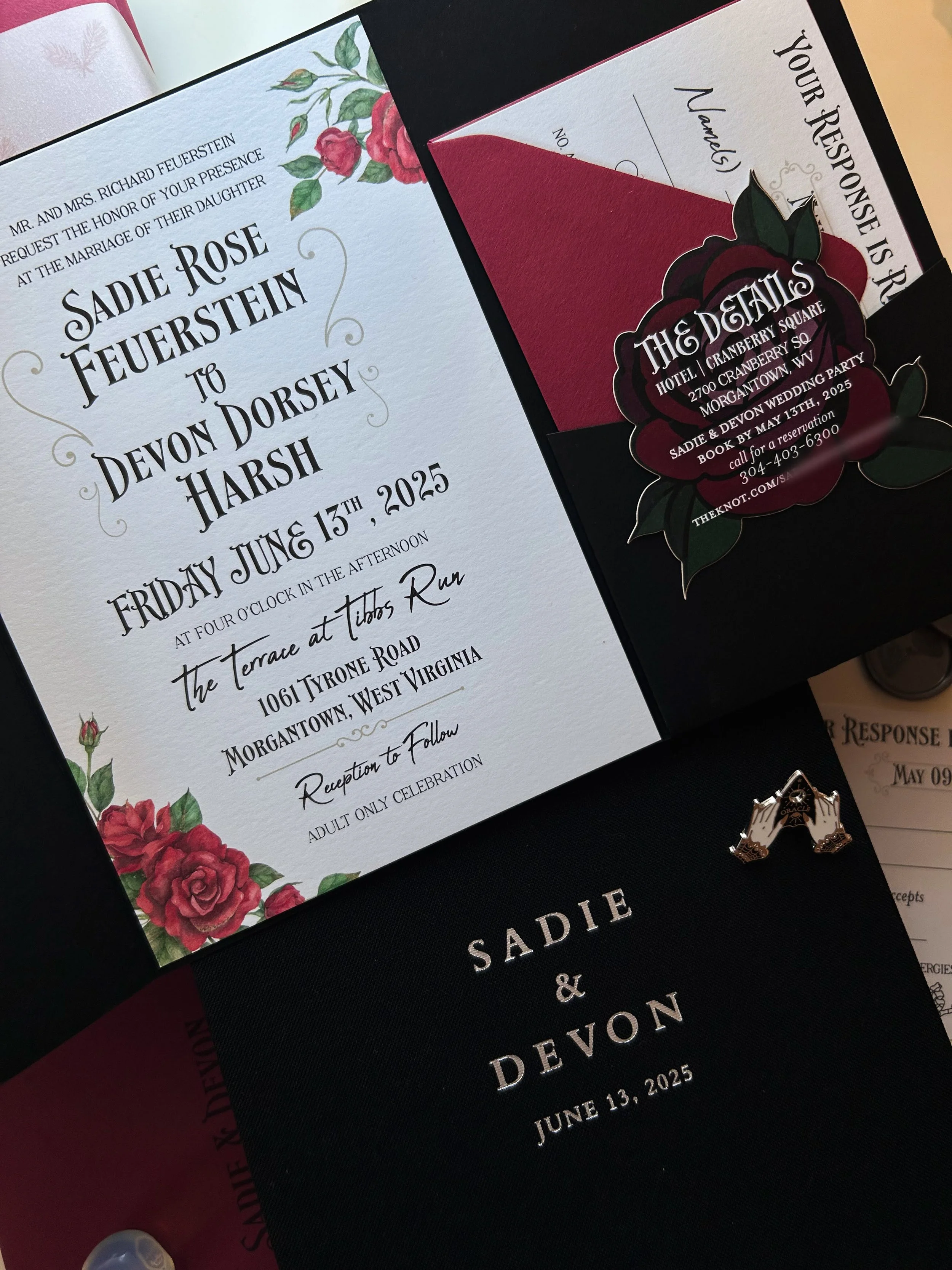 Wedding invitation and related materials for Sadie Rose Feuerstein and Devon Dorsey Harsh, including an invitation for their wedding on June 13, 2025, in Morgantown, West Virginia, with floral and romantic designs.