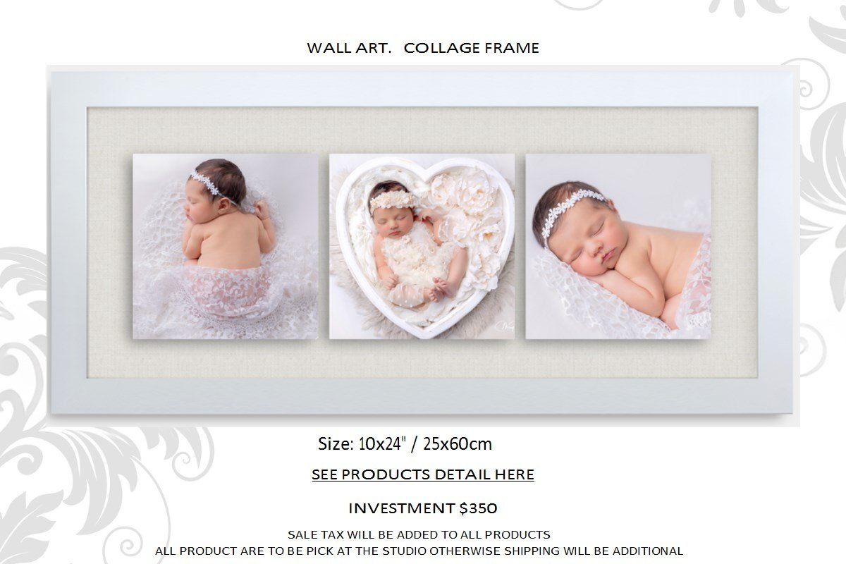 Three baby photos framed in a collage frame. The first baby is sitting in bubbles, the second is sleeping on a heart-shaped bed of pillows, and the third is lying down with eyes closed. All babies are wearing headbands.