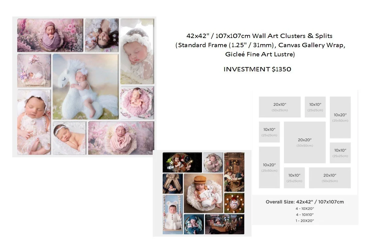Info about wall art clusters and splits, showing dimensions and investment cost, with sample photo arrangements of babies in various poses and settings.