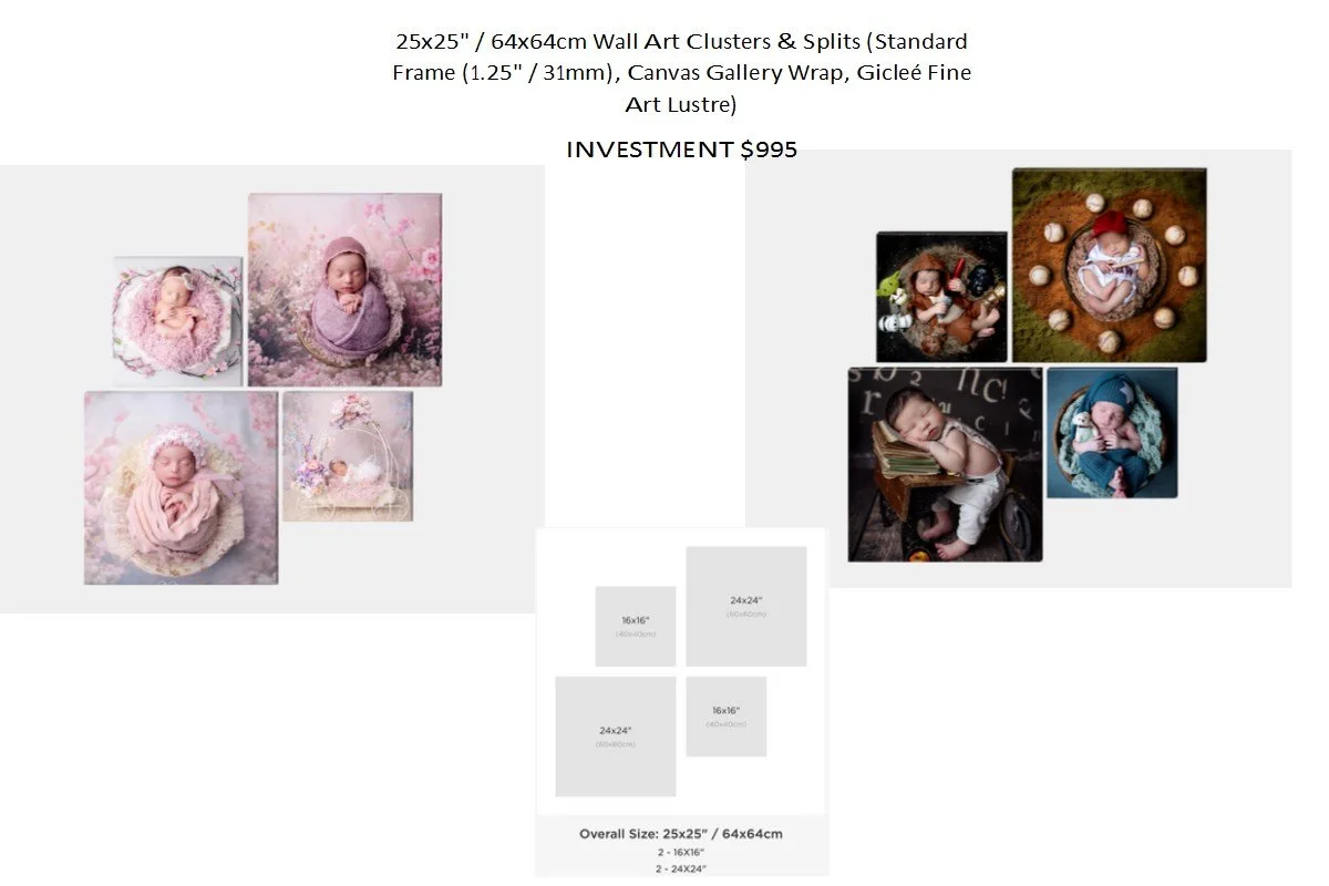 Collage of newborn photos with various props and backgrounds.