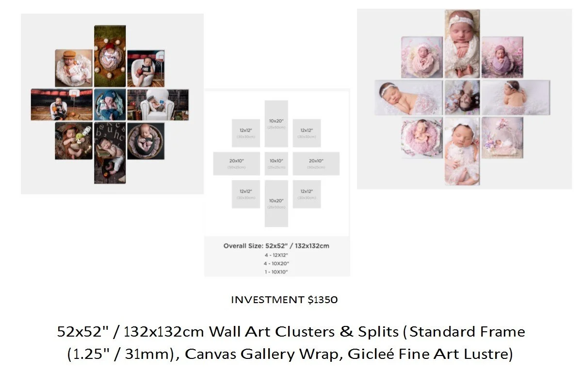 Display of wall art clusters and splits with images of babies and children in various poses, arranged in a cross-shaped layout, with additional layout diagram and description below.